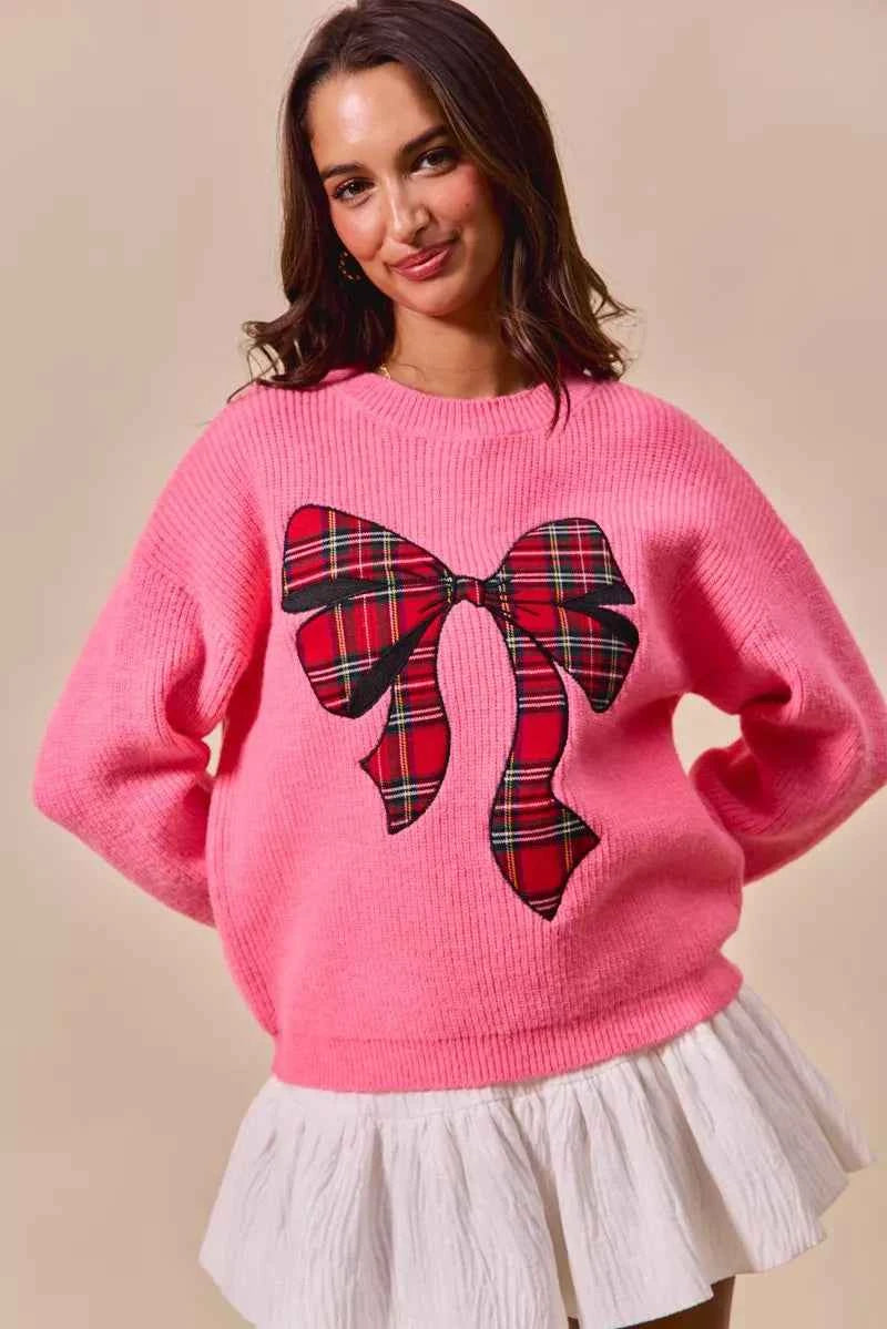 SO ME Checker Plaid Ribbon Christmas Holiday Sweater