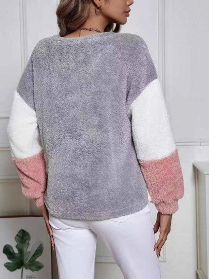 Color Block Fuzzy Knit Sweatshirt
