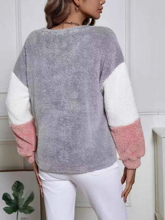 Color Block Fuzzy Knit Sweatshirt