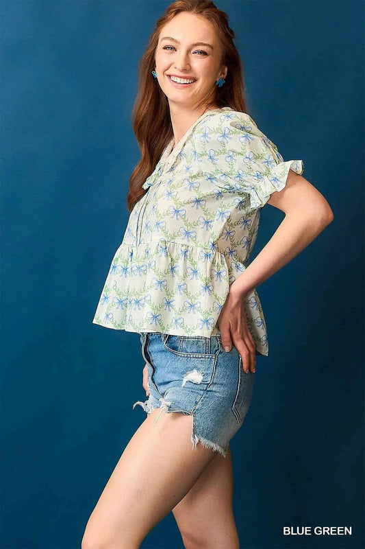 Umgee Lace Detail Bow Print Flounce Sleeve Blouse