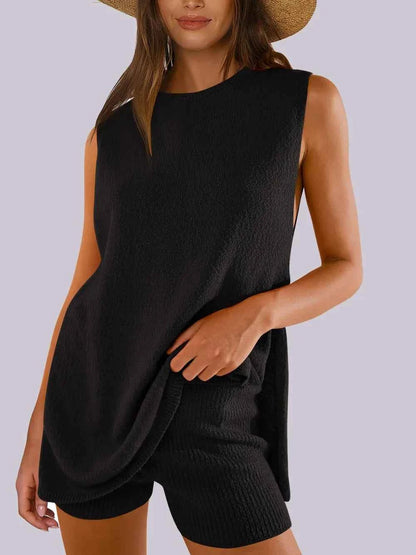 Side Slit Round Neck Tank and Ribbed Shorts Sweater Set
