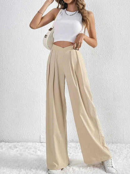 V-Waisted Ruched Front Wide Leg Pants