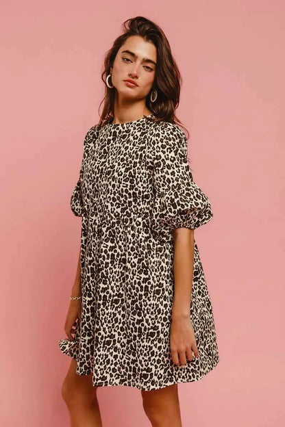 BiBi Leopard Denim Dress With Back Contrast Tie Detail