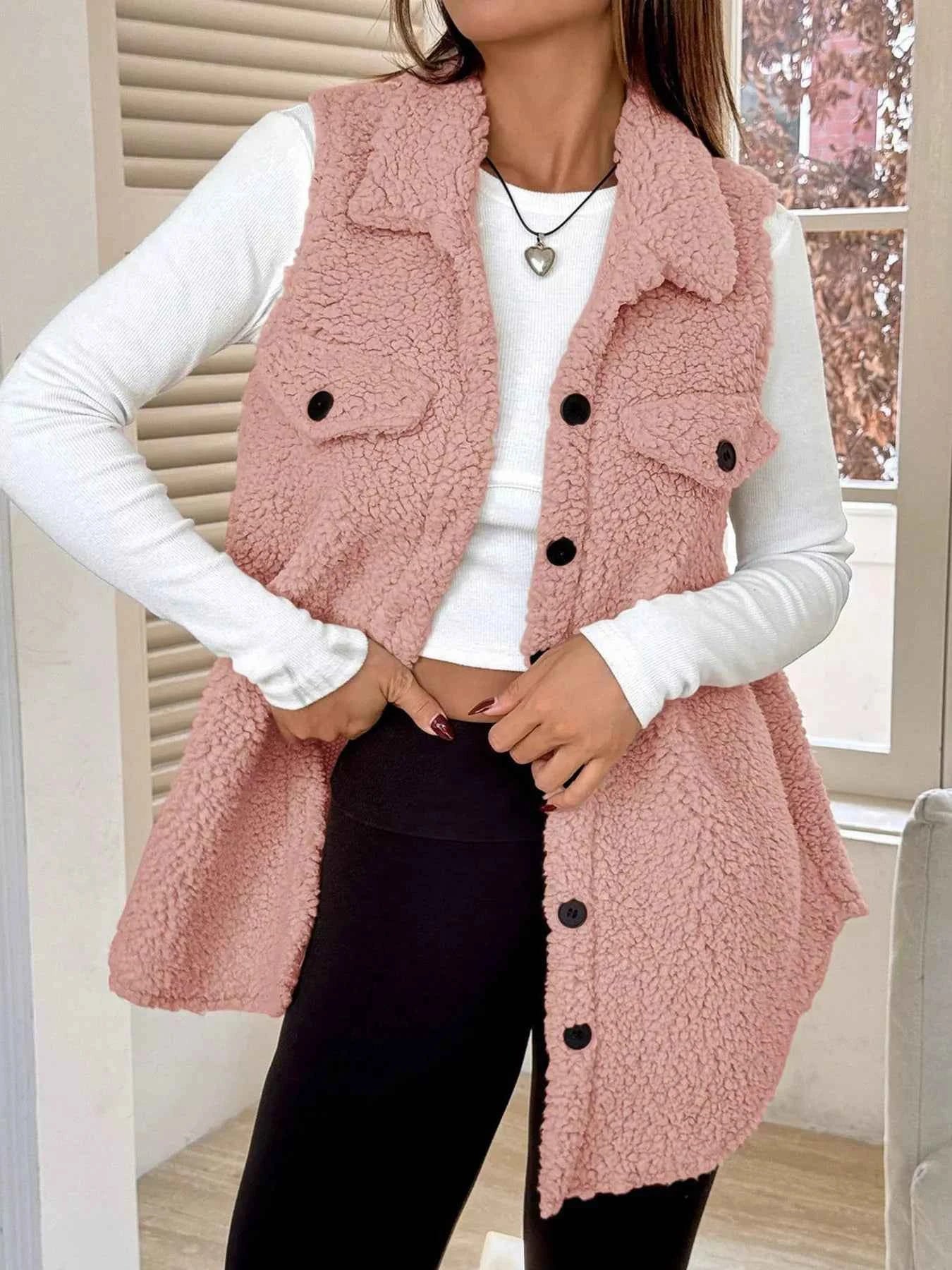 Button-Down Sherpa Fleece Vest Coat