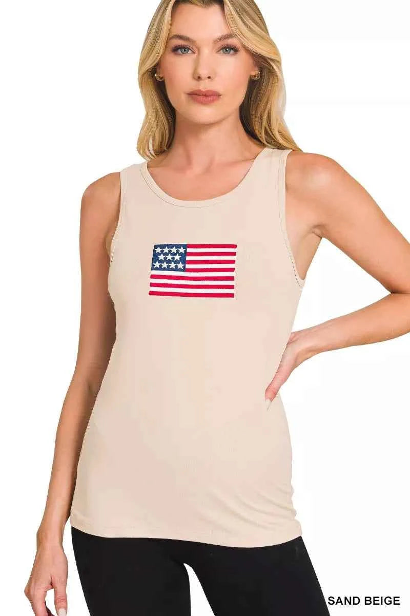 Zenana Double Scoop American Flag Embroidered Tank Top
