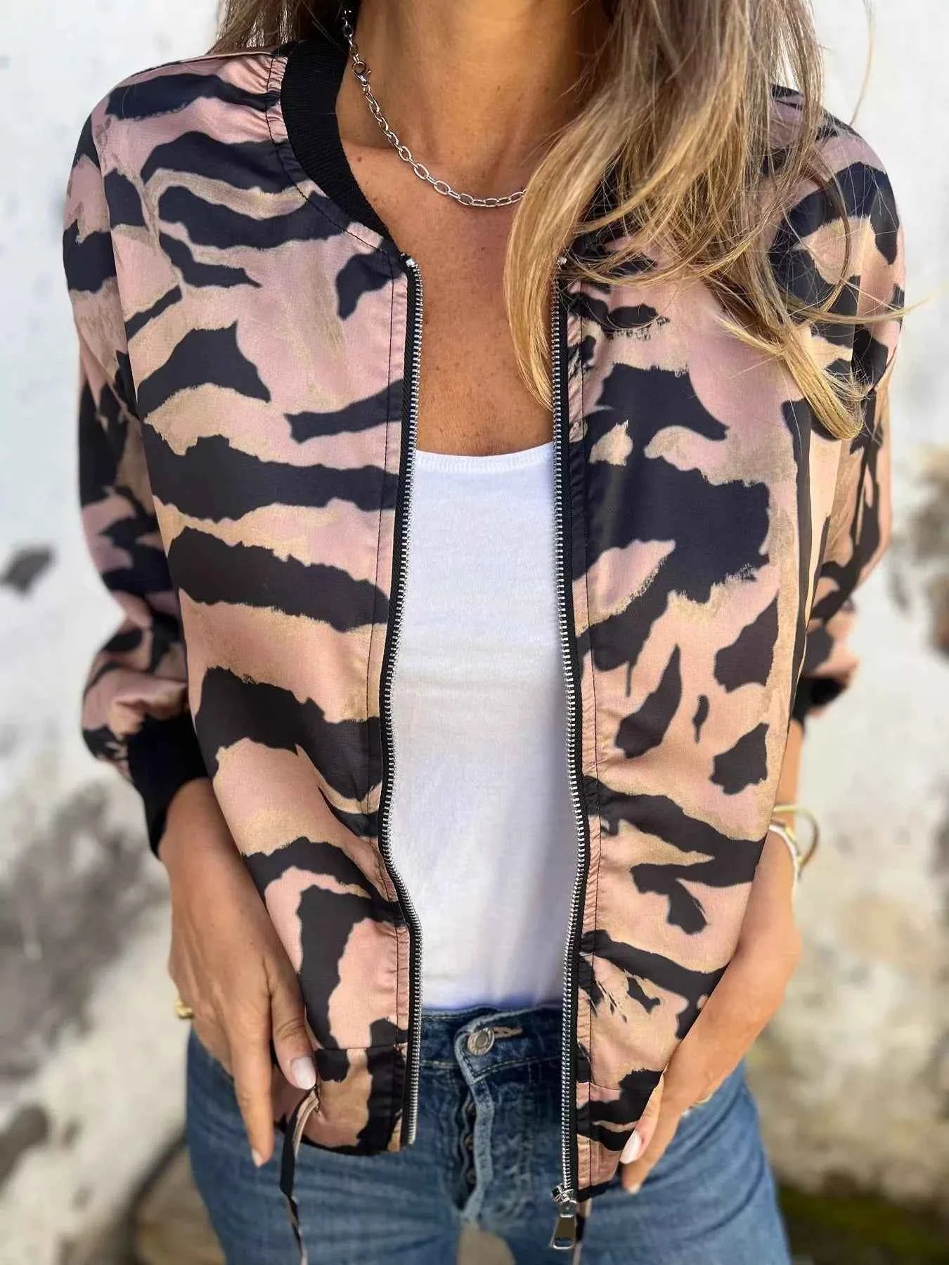 Full Size Zip Up Zebra Print Bomber Jacket Plus Size