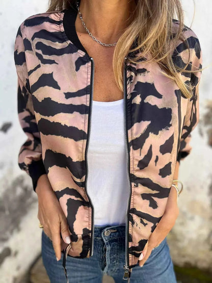 Full Size Zip Up Zebra Print Bomber Jacket Plus Size