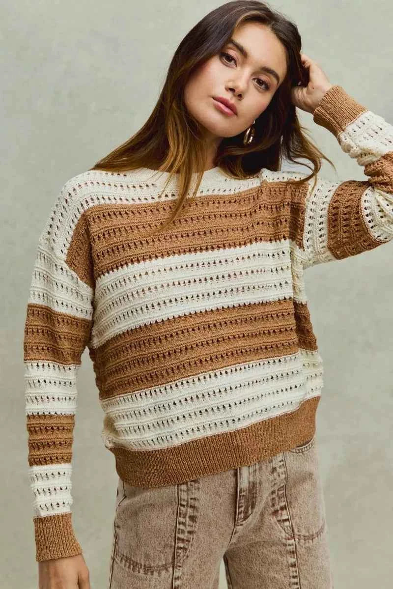 SO ME Openwork Round Neck Wide Stripe Textured Sweater