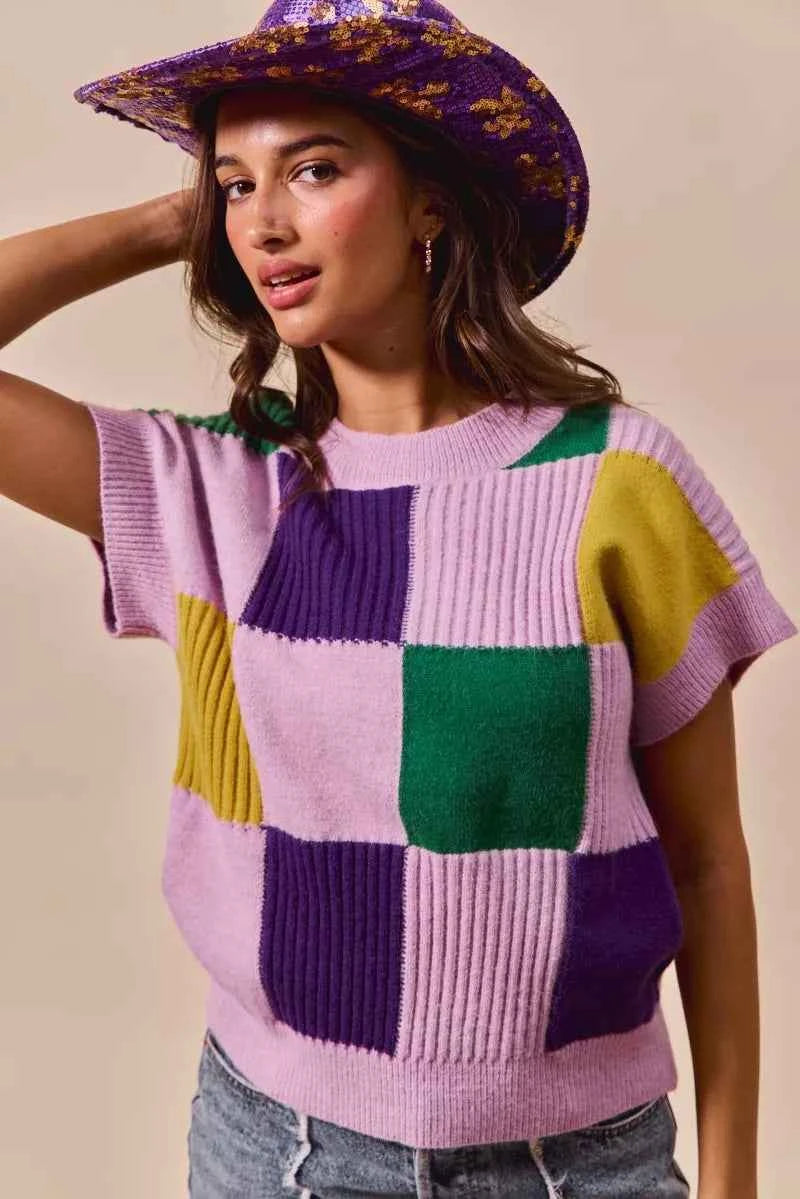 SO ME Mardi Gras Check Plaid Casual Sweater Top
