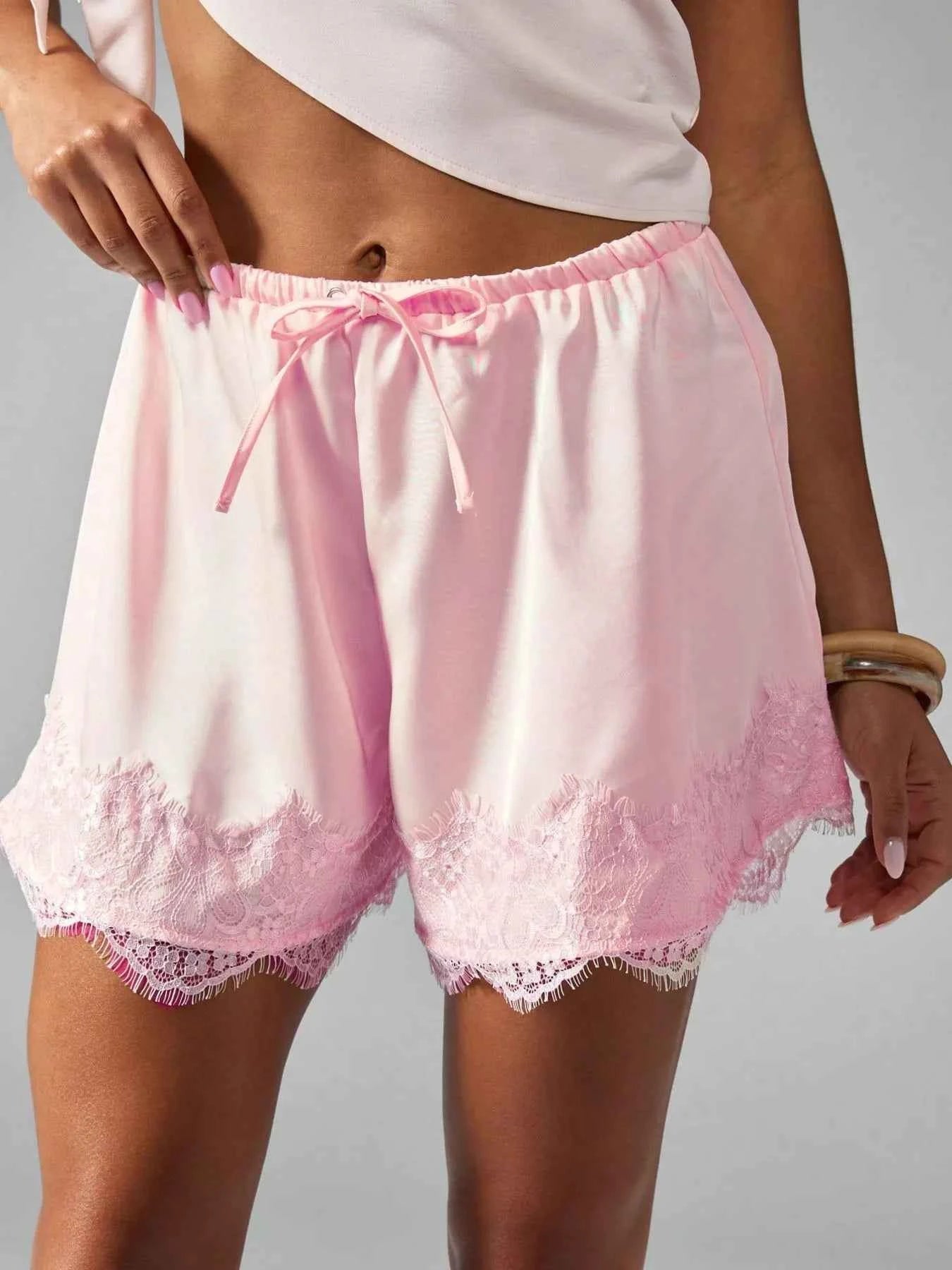 Lace Trim Drawstring Casual Shorts