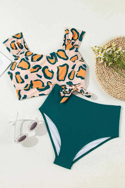Leopard Print U Neck Knotted High Waist Bikini Set