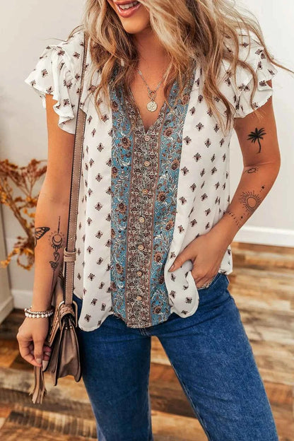 Boho Pattern Tiered Ruffled Sleeve V Neck Buttoned Blouse