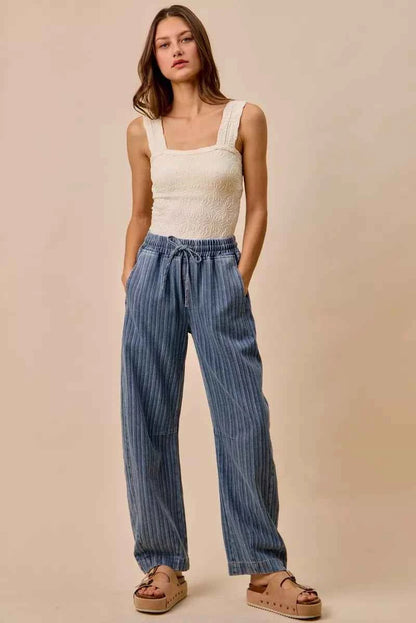 SO ME Stripe Denim Barrel Jeans Drawstring Waistband
