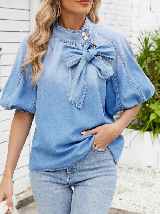 Bow Accent Puff Sleeve Denim Top