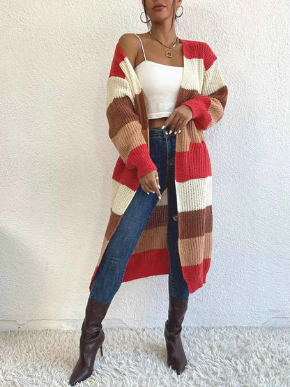 Striped Color Block Open Front Knit Cardigan