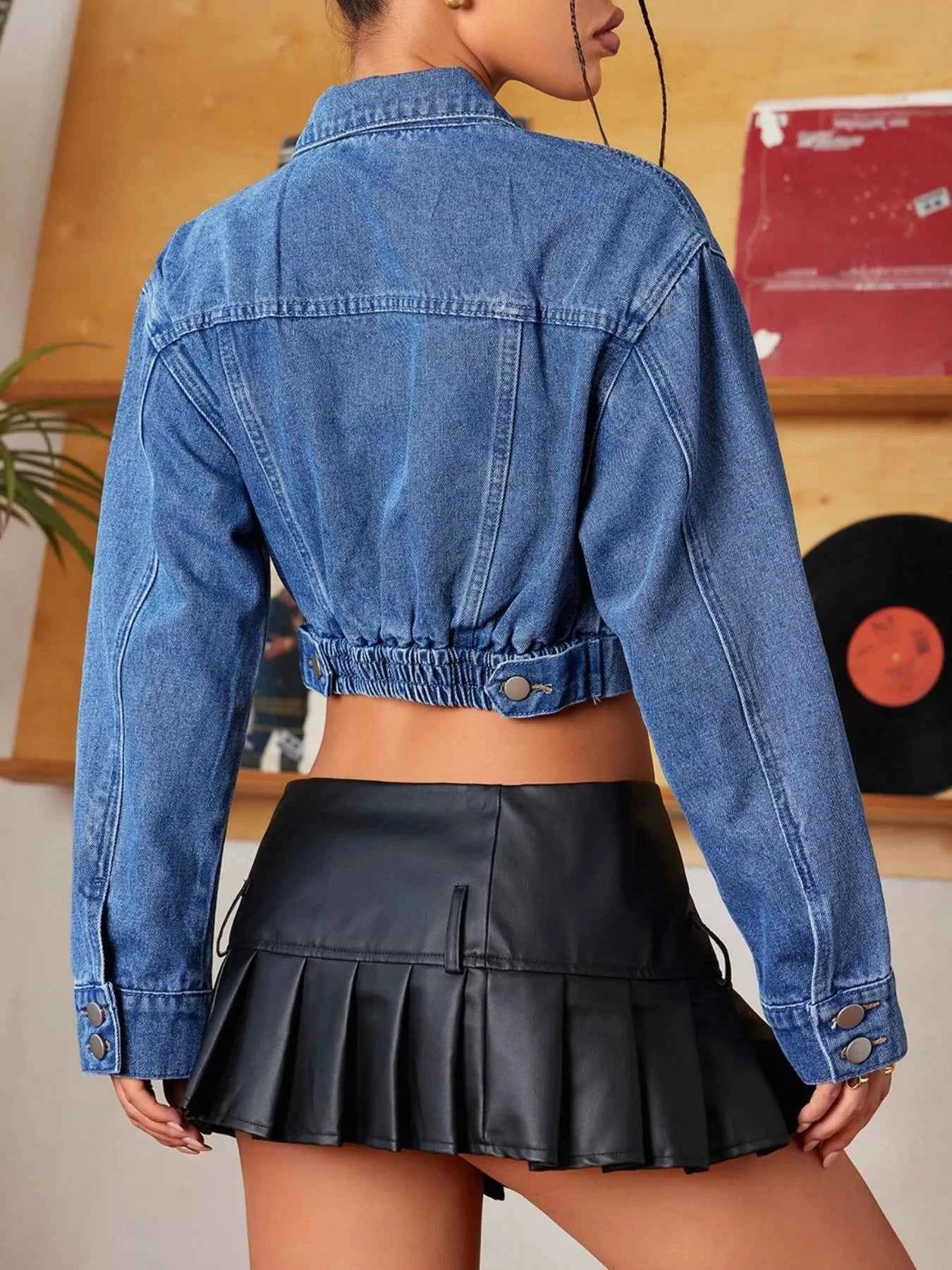 Button Up Cropped Casual Denim Jacket