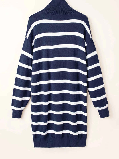 Striped O-ring Zip Collared Loose Sweater Mini Dress