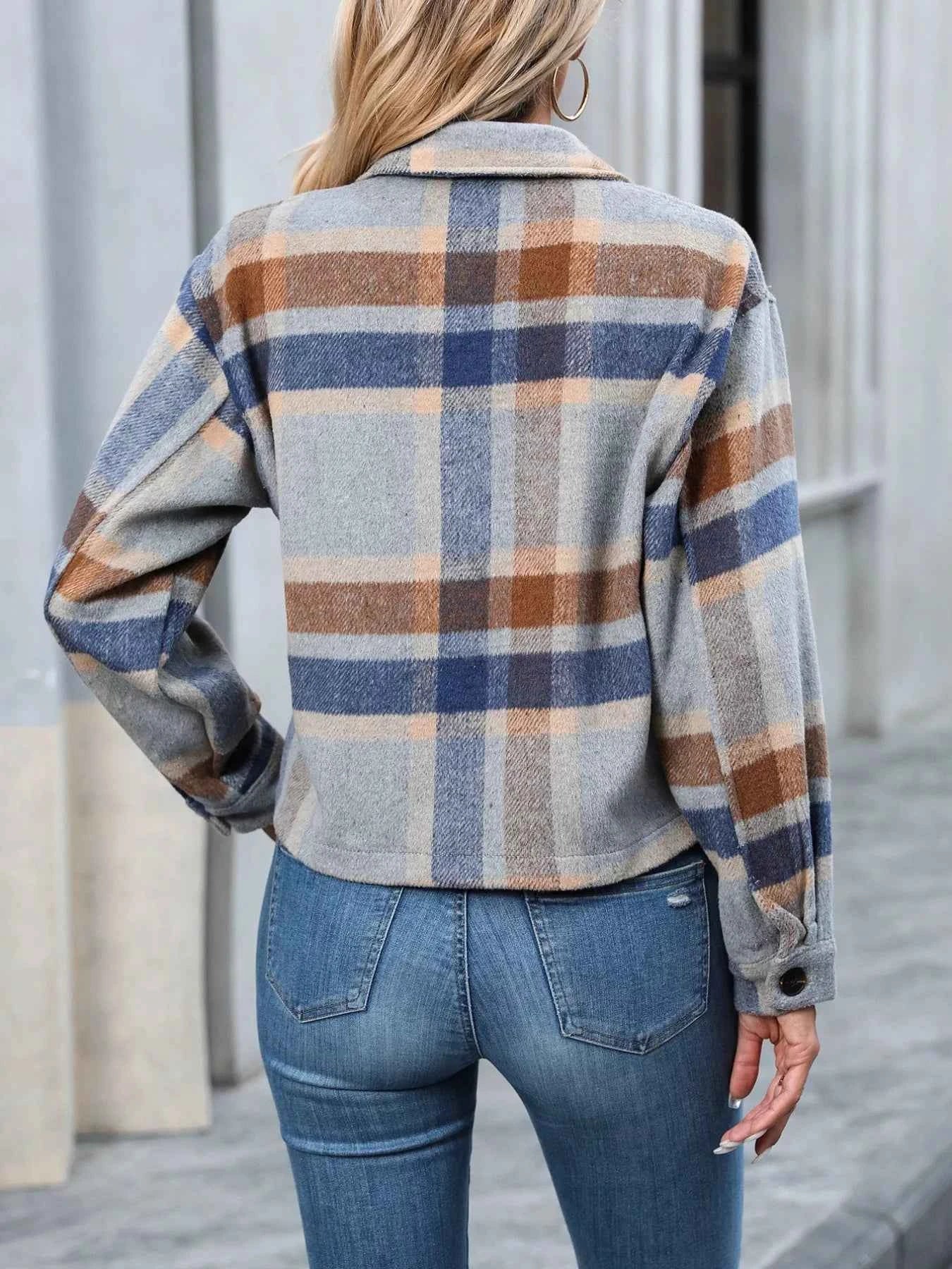Plaid Oversized Button-Up Cropped Jacket