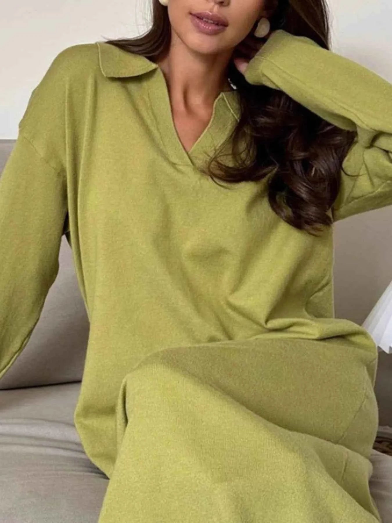 Long Sleeve Collared Neck Knit Dress