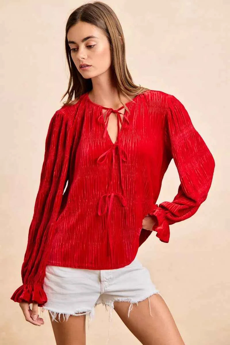 BiBi Christmas Theme Velvet Bow Tied Top With Neck Drop