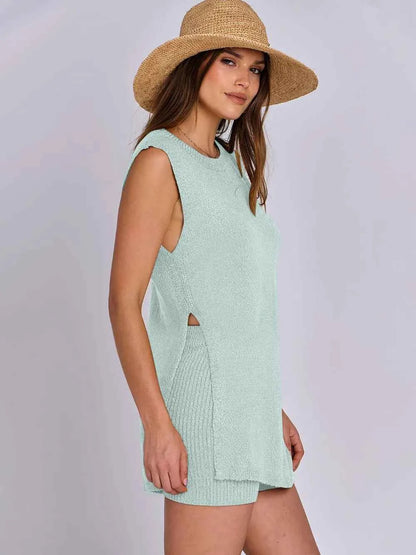 Side Slit Round Neck Tank and Ribbed Shorts Sweater Set