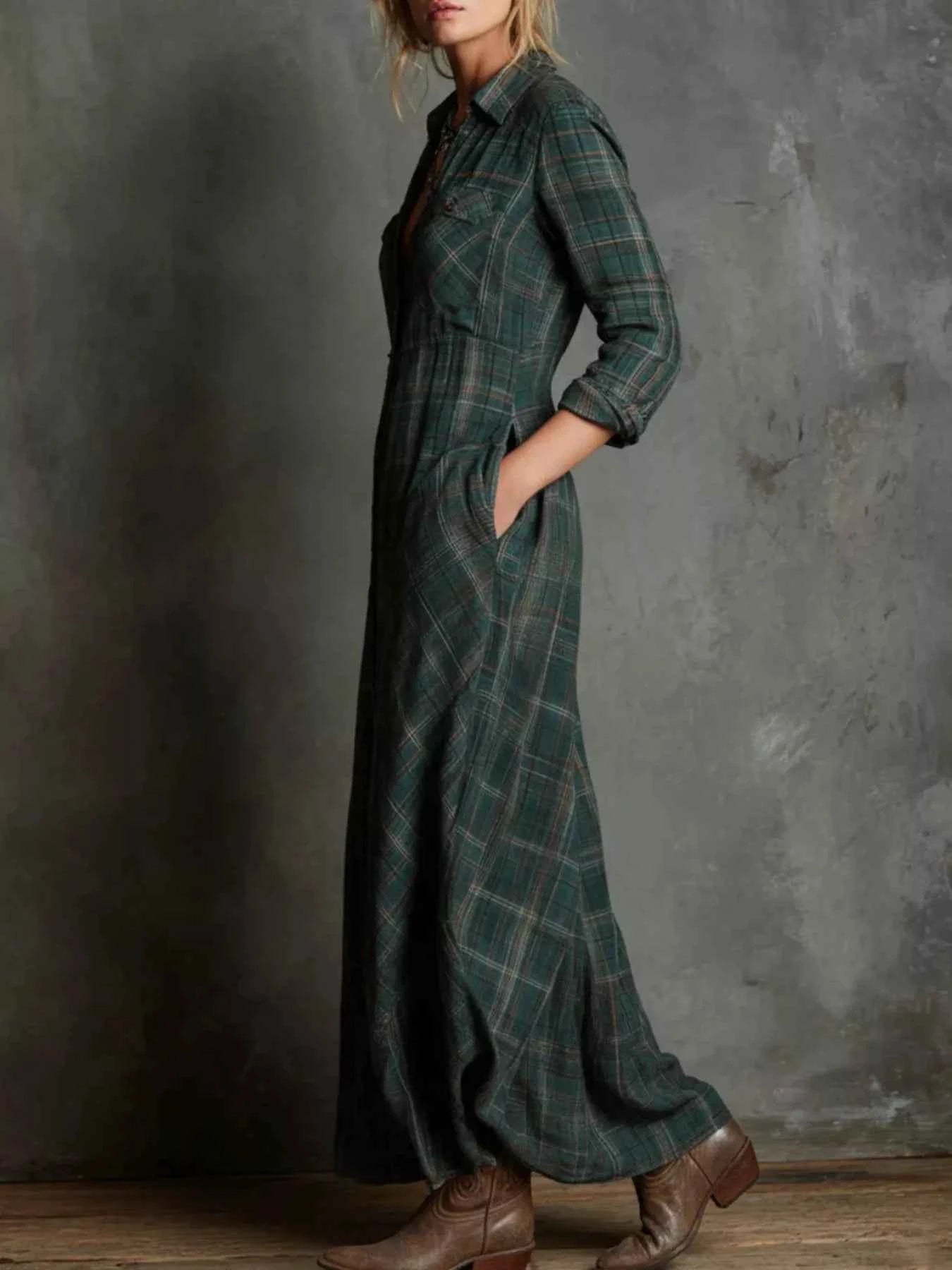 Full Size Plaid Button-Down Maxi Dress Plus Size