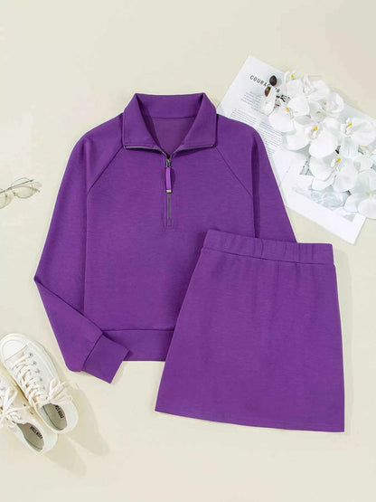 Half Zip Long Sleeve Top and Mini Skirt 2pcs Outfit