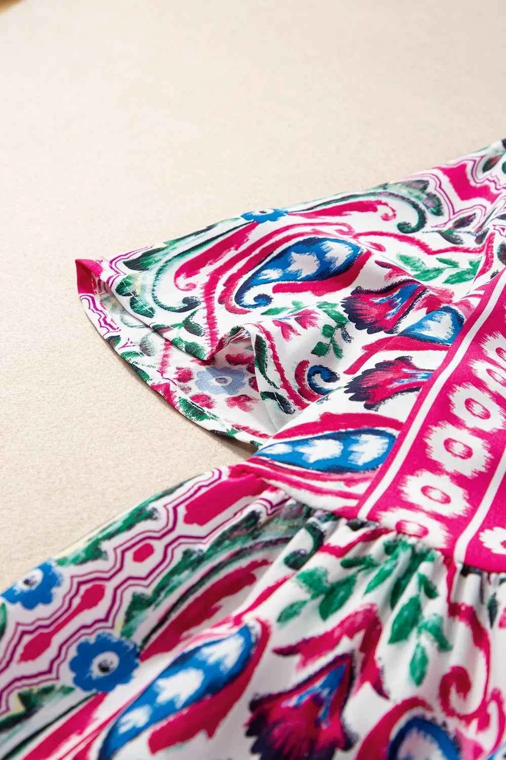 Printed Tie Neck Short Sleeve Dress