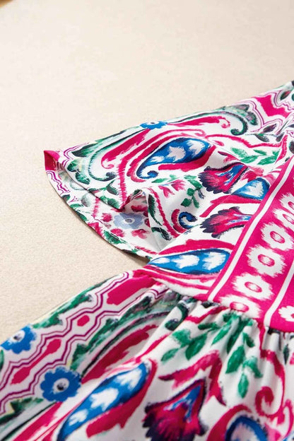 Printed Tie Neck Short Sleeve Dress