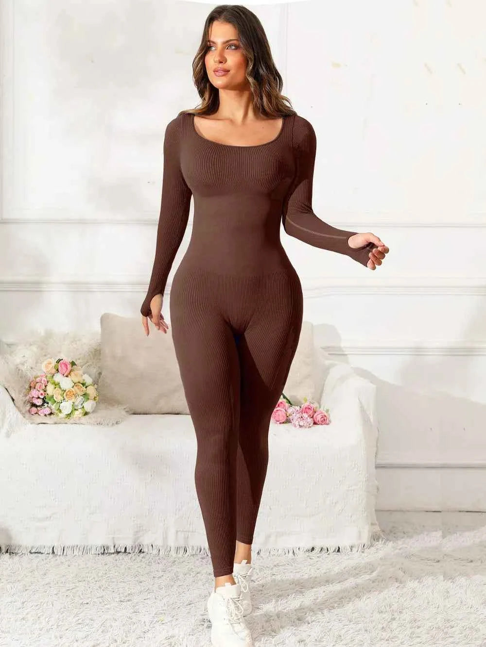 Scoop Neck Long Sleeve Active Jumpsuit