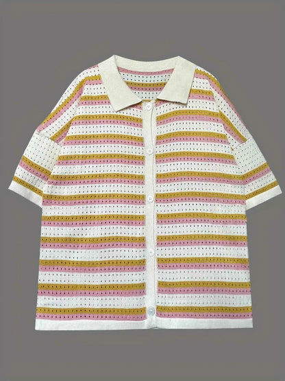 Colorful Striped Button Up Top and Shorts Sweater Set