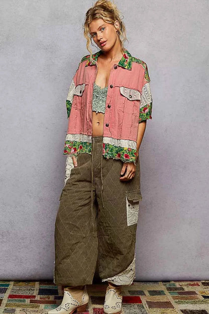 POL Lace Patch Floral Half Sleeve Shacket
