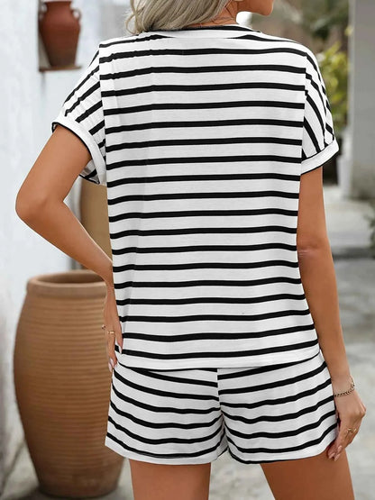 Casual Striped Short Sleeve Top and Shorts Two-Piece Set