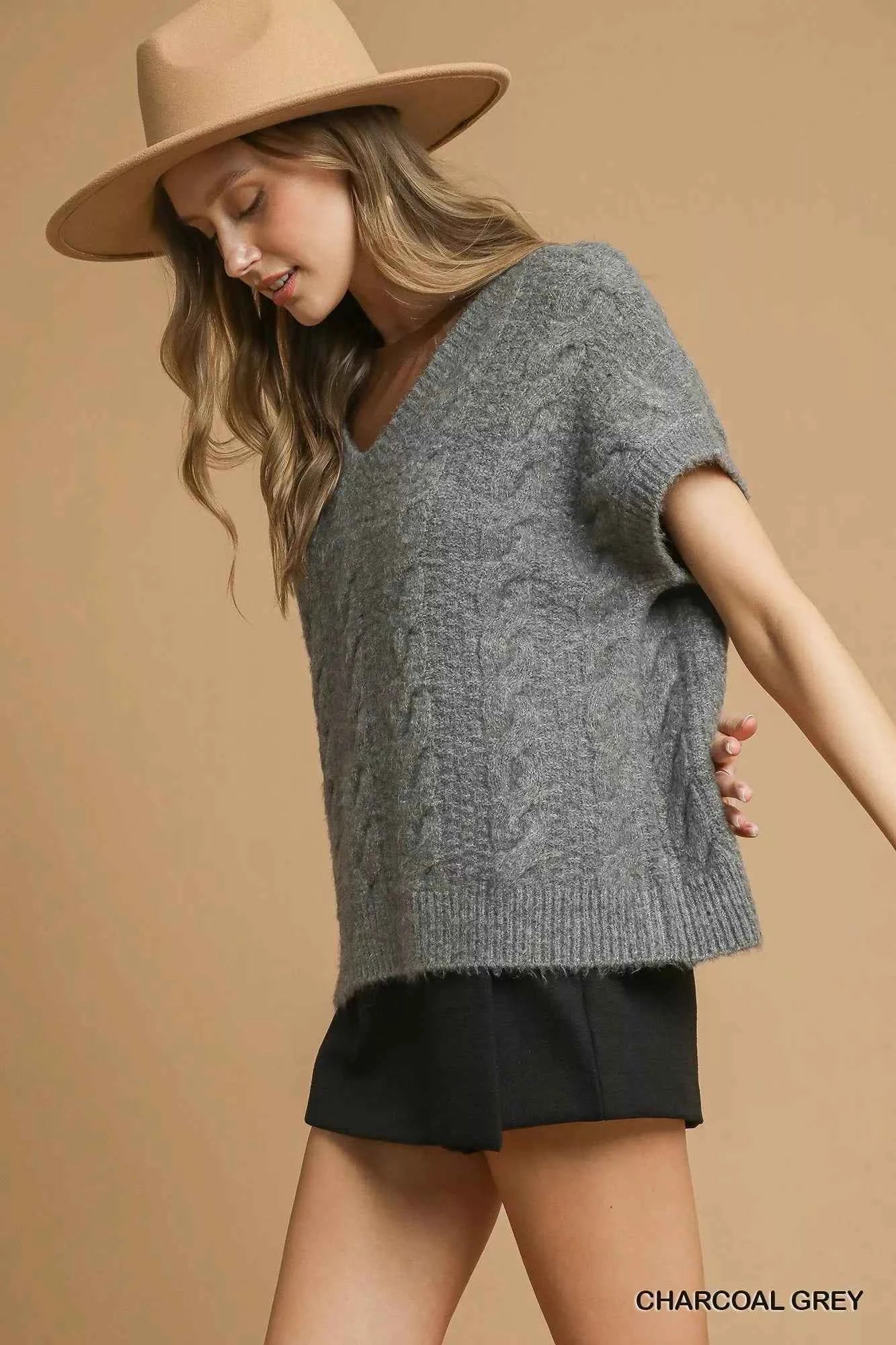 Umgee Cable-Knit V-Neck Sweater