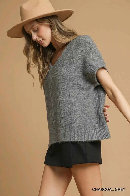 Umgee Cable-Knit V-Neck Sweater