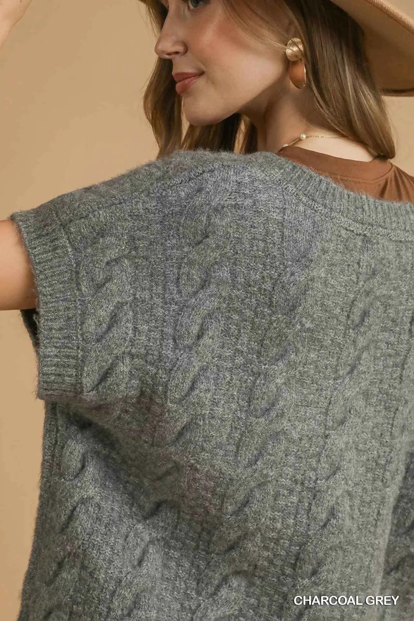 Umgee Cable-Knit V-Neck Sweater