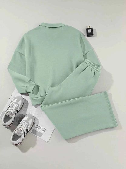 Drop Shoulder Zip Up Jacket and Drawstring Pants Active 2pcs Set