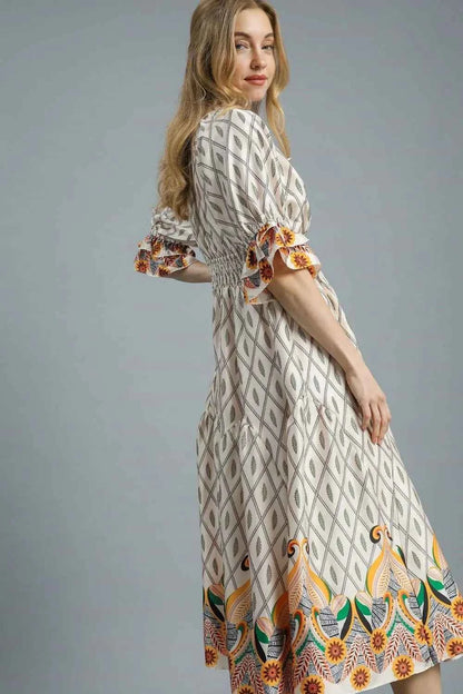 Umgee Printed Smocked Waist Flounce Sleeve Midi Dress