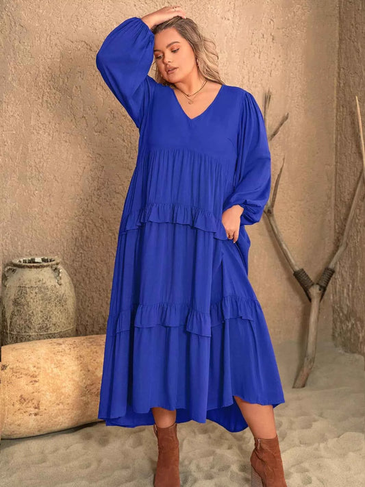Plus Size Balloon Sleeve Ruffle Tiered Flowy Dress