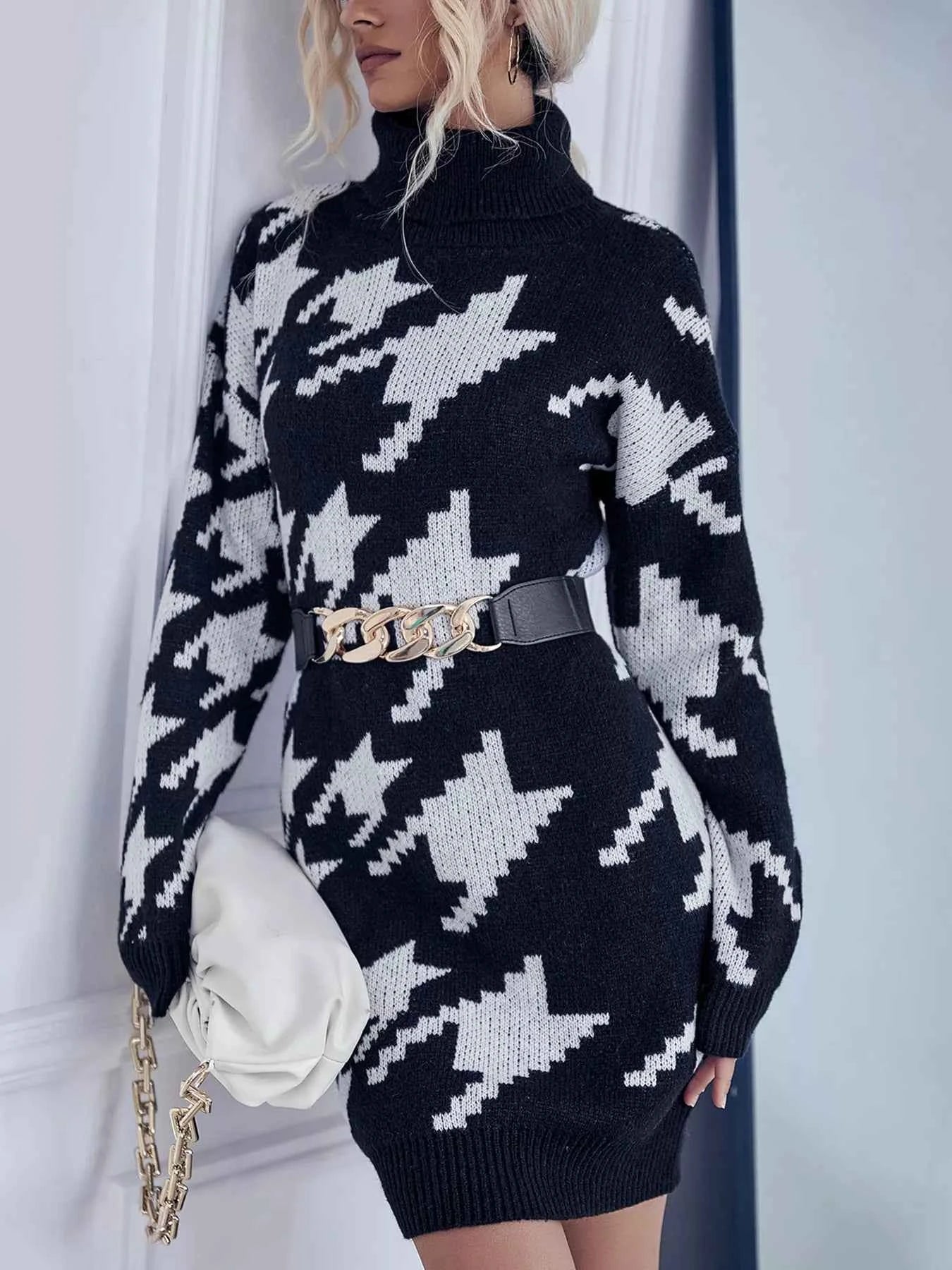 Houndstooth Pattern Turtleneck Sweater Dress