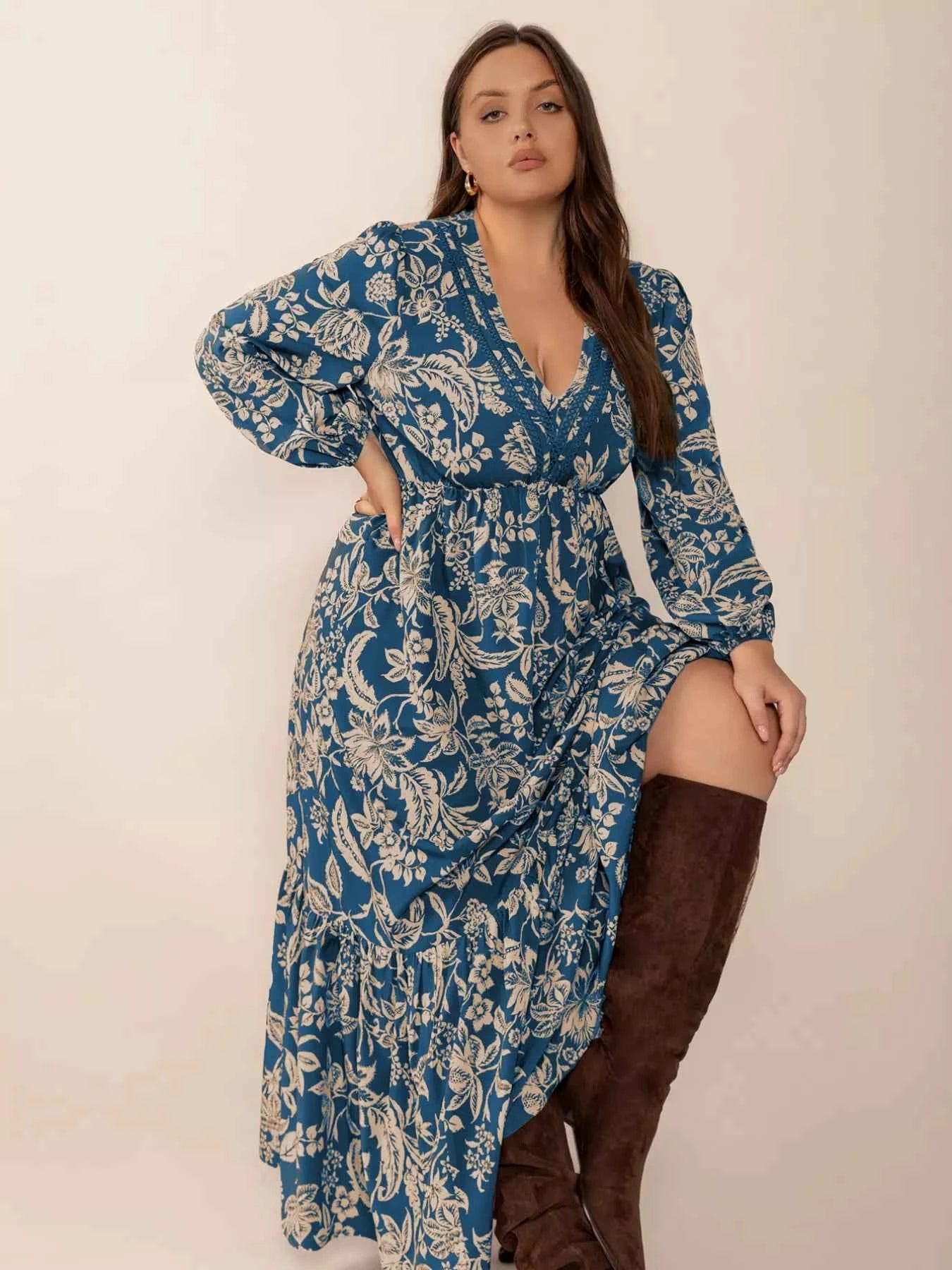 Plus Size Boho Floral Print Long Sleeve Maxi Dress