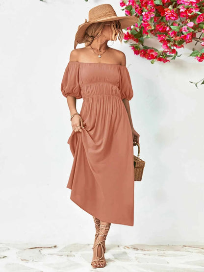 Off-Shoulder Puff Sleeve Smocked Maxi Dress