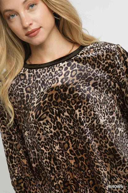 Umgee Leopard Round Neck Three-Quarter Sleeve Blouse