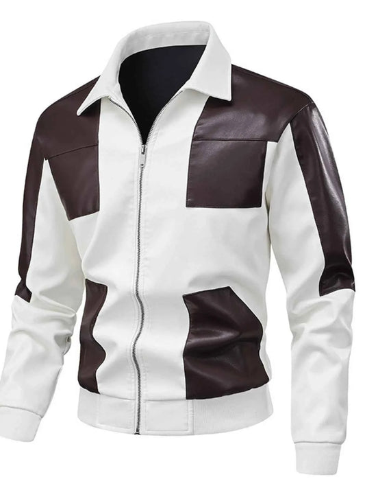 Men's Two-Tone Leather Bomber Jacket with Zip Front