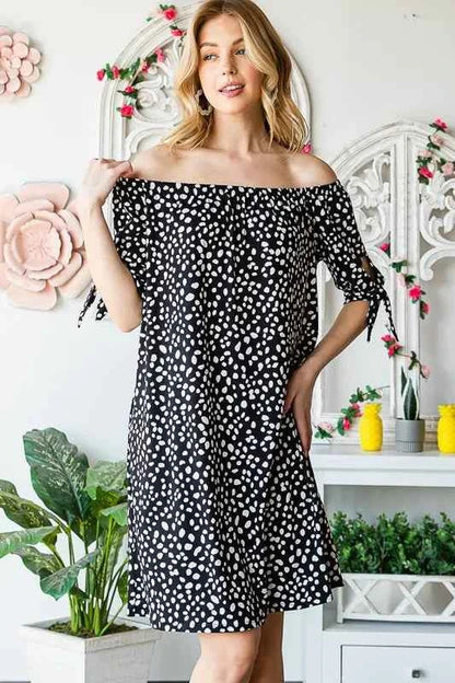 Heimish Full Size Short Sleeve Off Shoulder Animal Mini Dress Plus Size