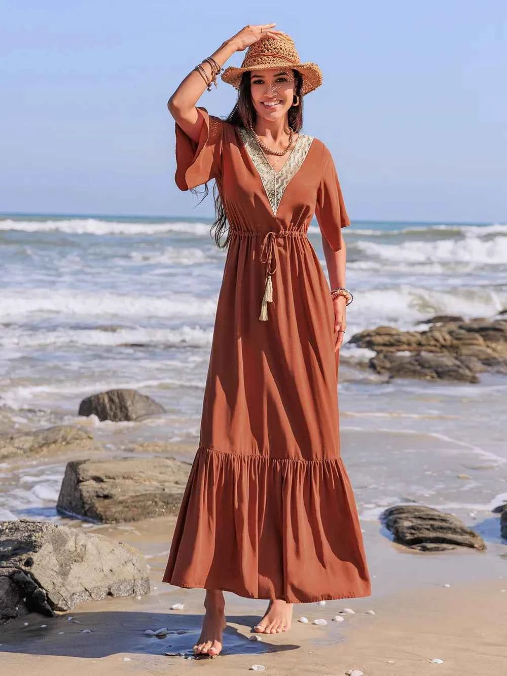 Ruffled Tassel V-Neck Flutter Sleeve Dress