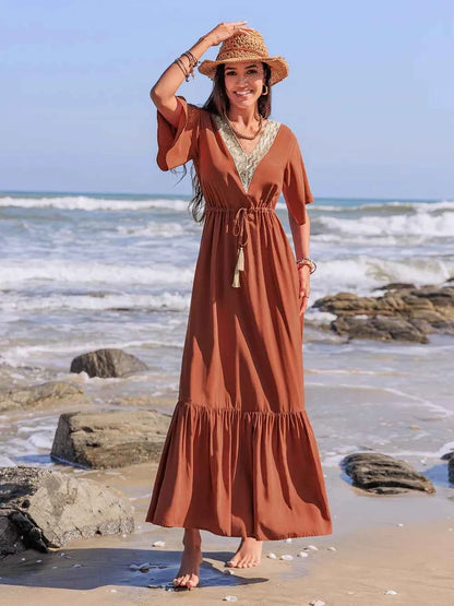 Ruffled Tassel V-Neck Flutter Sleeve Dress