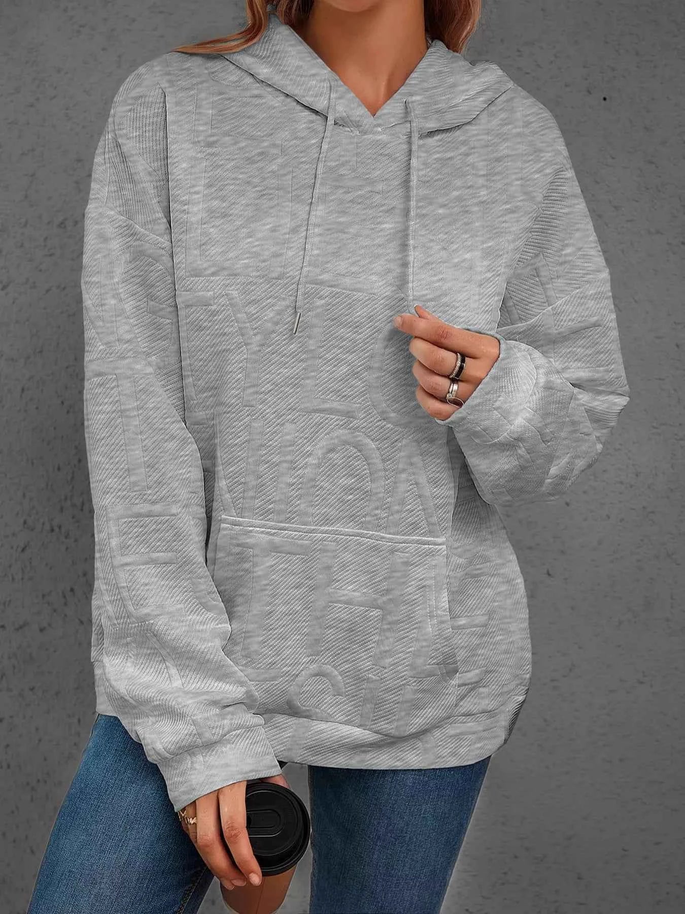 Full Size Textured Embossed Long Sleeve Hoodie Plus Size