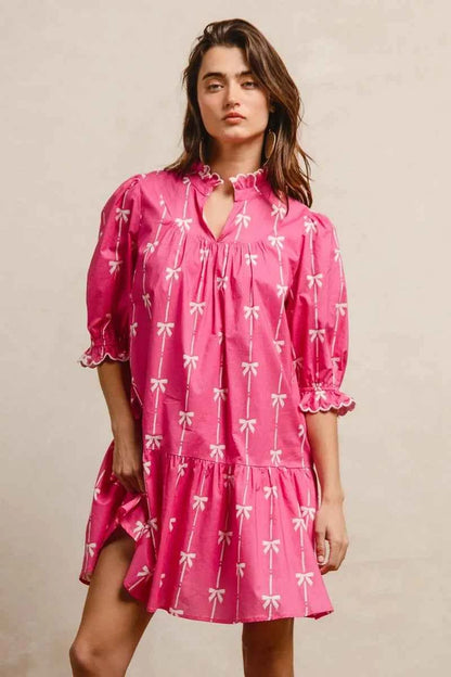 BiBi Ribbon Patterns With Scallops Edge Details Short Sleeve Dress