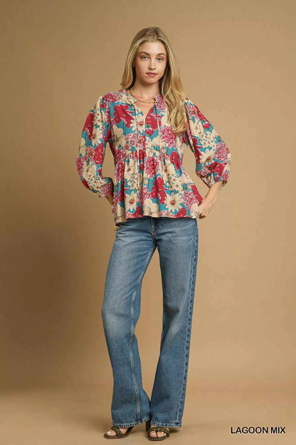 Umgee Mix Floral Peplum Blouse with Tie Neck